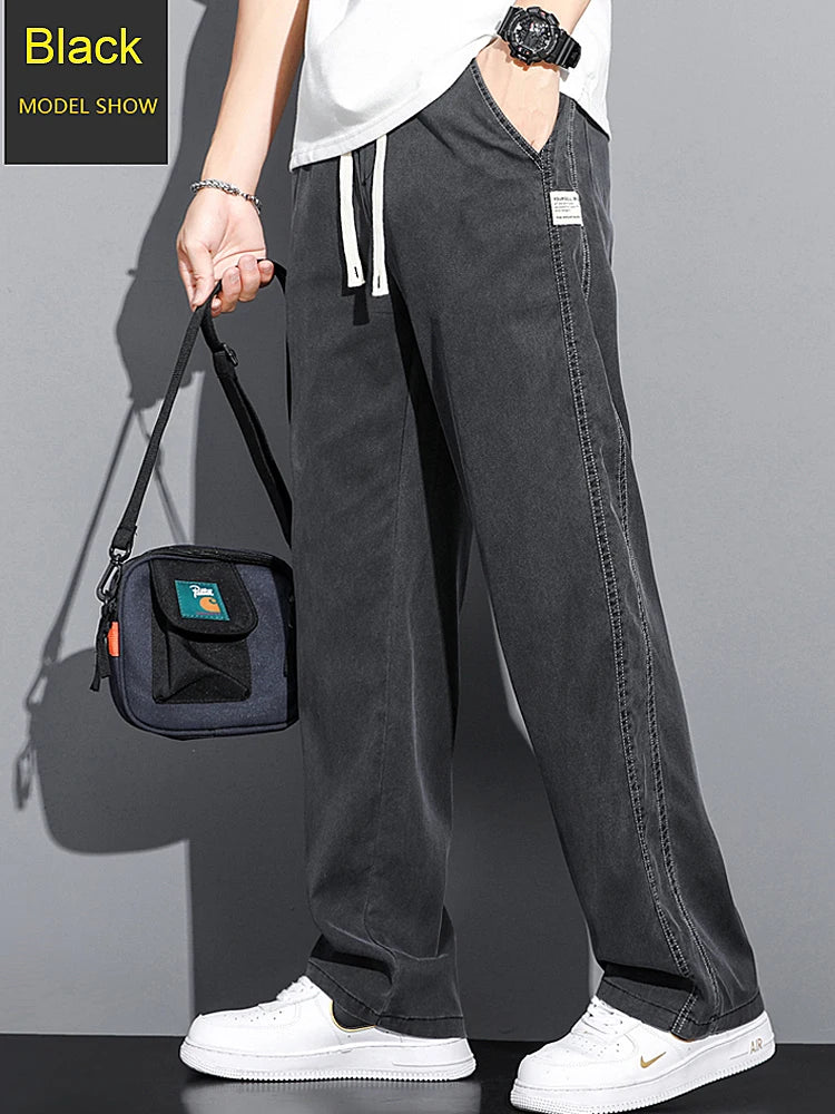 Mens Loose Straight Leg Jeans - Soft Lyocell Fabric Drawstring Elastic Waist Korean Casual Pants - ZOOMNSTORE