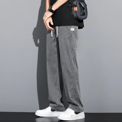 Mens Loose Straight Leg Jeans - Soft Lyocell Fabric Drawstring Elastic Waist Korean Casual Pants - ZOOMNSTORE