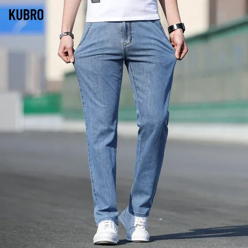 Mens Loose Stretch Gray Jeans - Casual Straight-Leg Denim Pants - ZOOMNSTORE