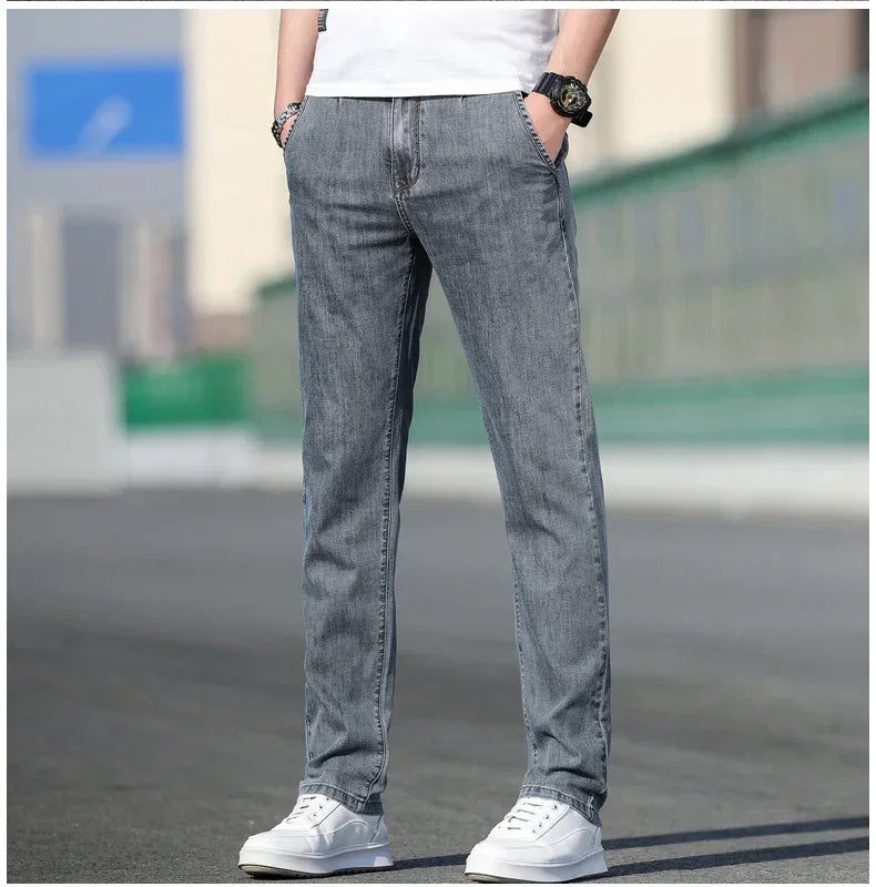Mens Loose Stretch Gray Jeans - Casual Straight-Leg Denim Pants - ZOOMNSTORE