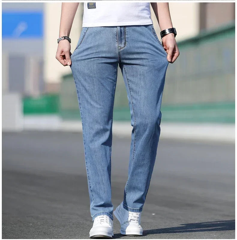 Mens Loose Stretch Gray Jeans - Casual Straight-Leg Denim Pants - ZOOMNSTORE