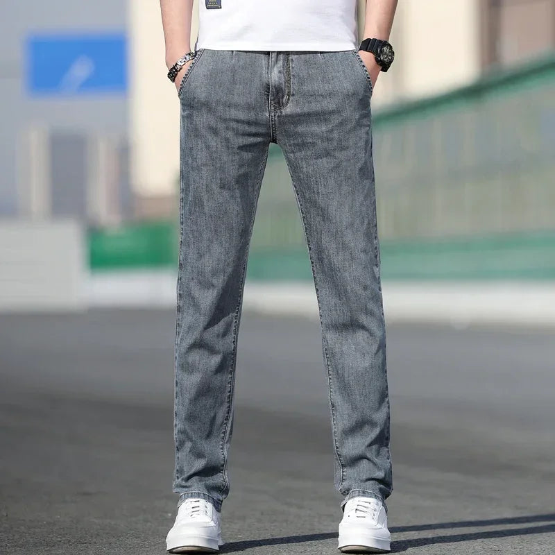 Mens Loose Stretch Gray Jeans - Casual Straight-Leg Denim Pants - ZOOMNSTORE