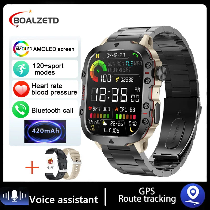 Mens Military Smartwatch - IP68 Waterproof Fitness Tracker with BT Call Health Monitor 196 Display - ZOOMNSTORE