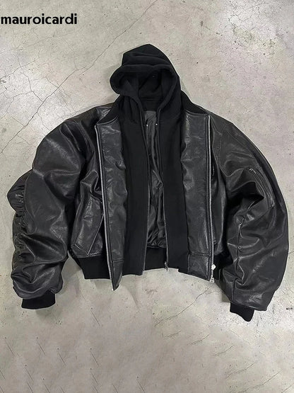 Mens Oversized Black PU Leather Bomber Jacket - Warm Autumn Winter Design - ZOOMNSTORE