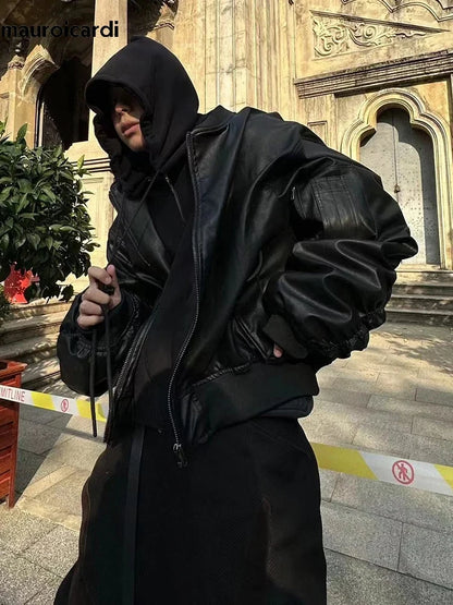 Mens Oversized Black PU Leather Bomber Jacket - Warm Autumn Winter Design - ZOOMNSTORE