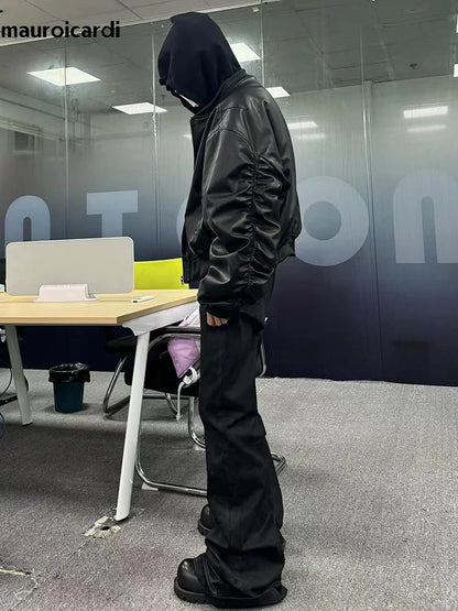 Mens Oversized Black PU Leather Bomber Jacket - Warm Autumn Winter Design - ZOOMNSTORE
