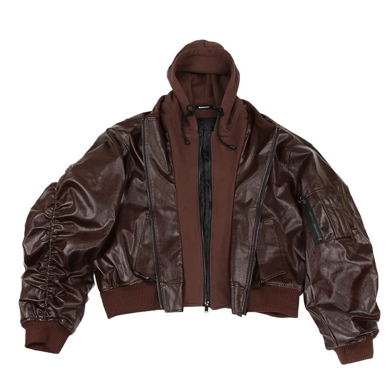 Mens Oversized Black PU Leather Bomber Jacket - Warm Autumn Winter Design - ZOOMNSTORE