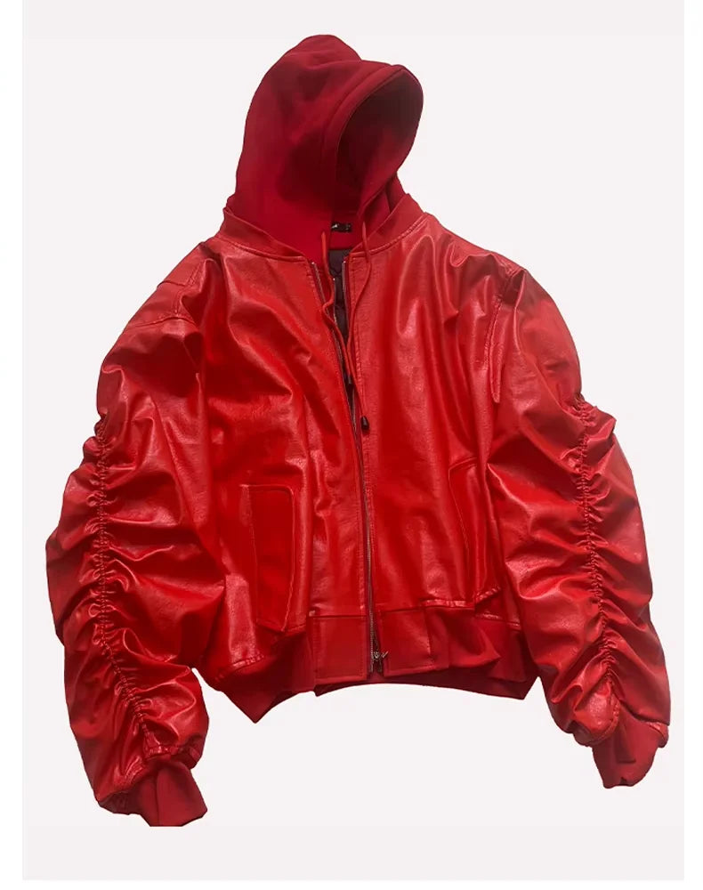 Mens Oversized Black PU Leather Bomber Jacket - Warm Autumn Winter Design - ZOOMNSTORE