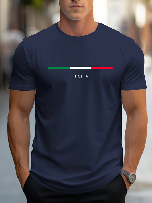 Mens Plus Size Cotton Casual T-Shirt - ITALIA Pattern Short Sleeve Top - ZOOMNSTORE