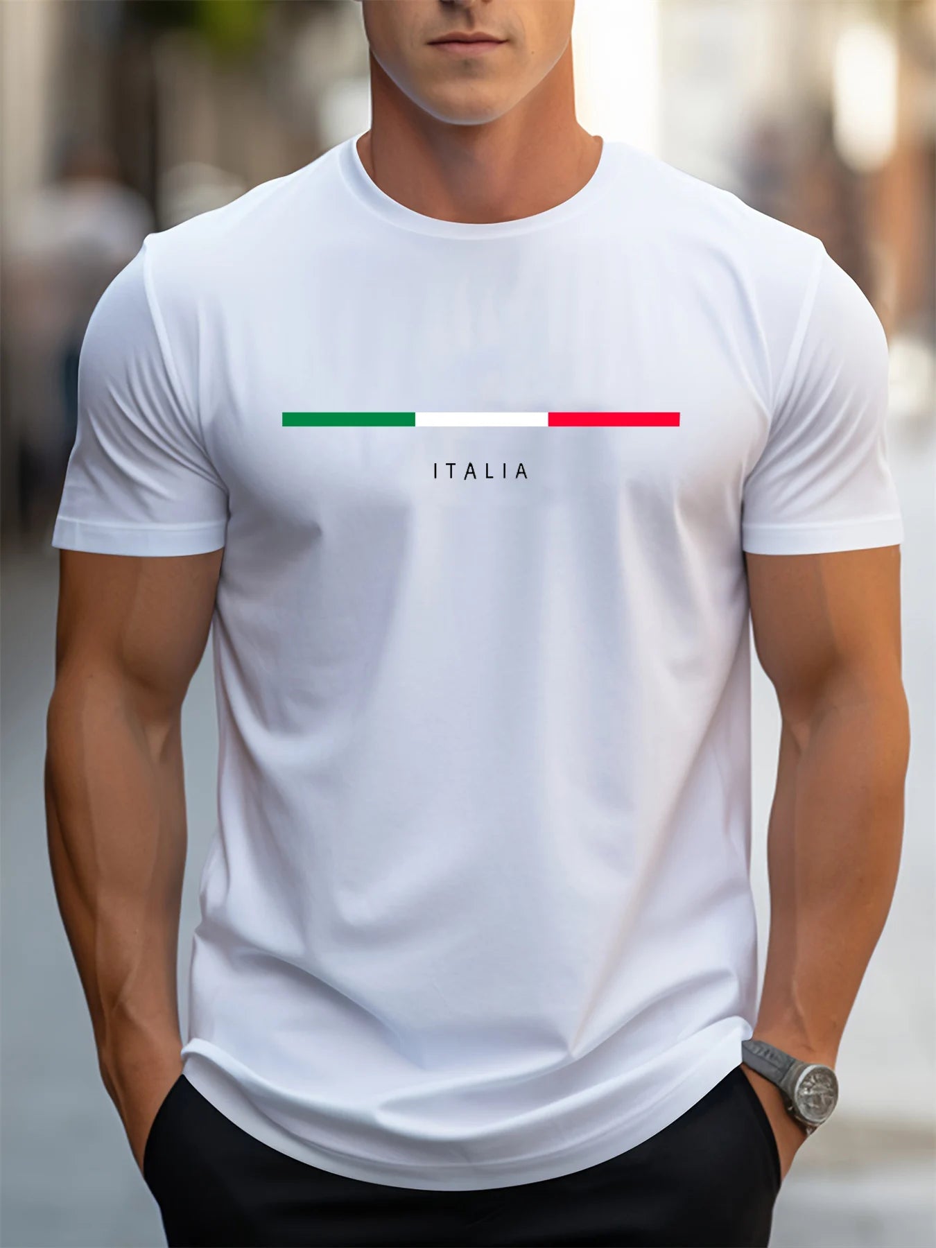 Mens Plus Size Cotton Casual T-Shirt - ITALIA Pattern Short Sleeve Top - ZOOMNSTORE