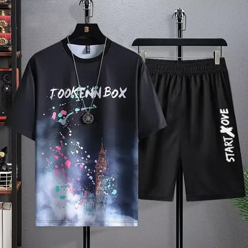 Mens Quick Dry 3D Printed Sports Tracksuit - Casual Breathable Short Sleeve T-Shirt  Shorts Set - ZOOMNSTORE