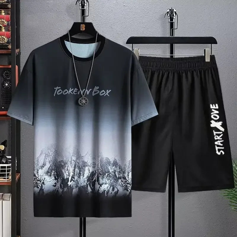 Mens Quick Dry 3D Printed Sports Tracksuit - Casual Breathable Short Sleeve T-Shirt  Shorts Set - ZOOMNSTORE