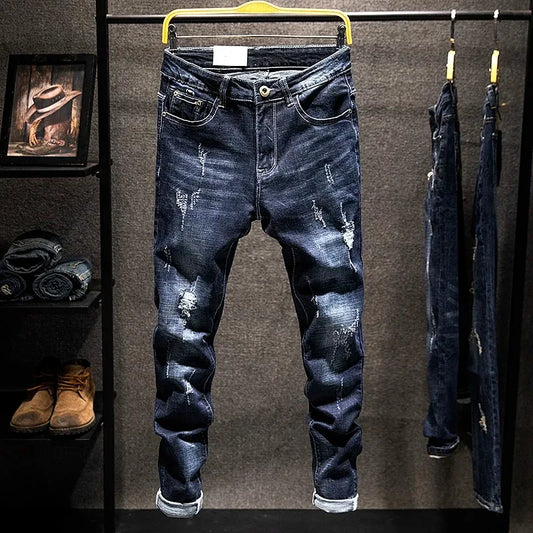 Mens Ripped Slim-Fit Denim Jeans - American Korean Style Cotton Pants - ZOOMNSTORE