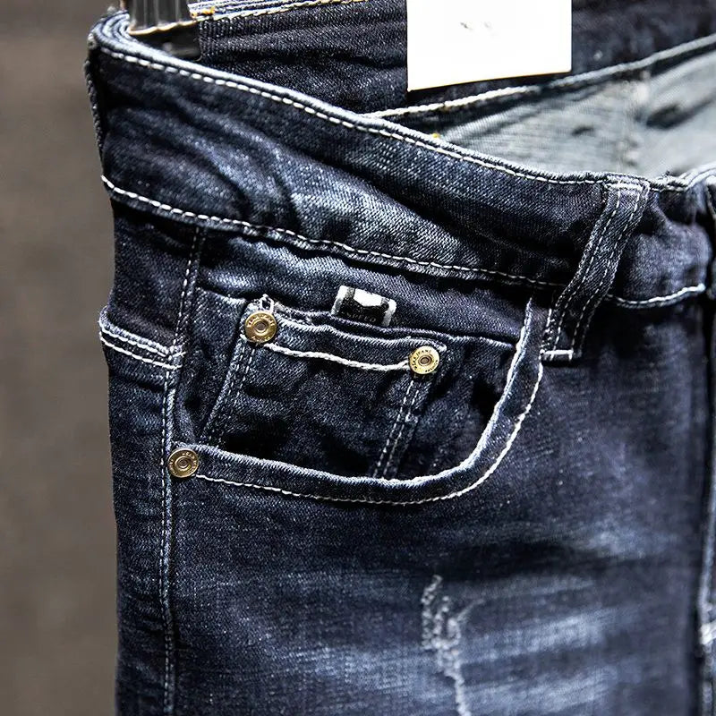 Mens Ripped Slim-Fit Denim Jeans - American Korean Style Cotton Pants - ZOOMNSTORE
