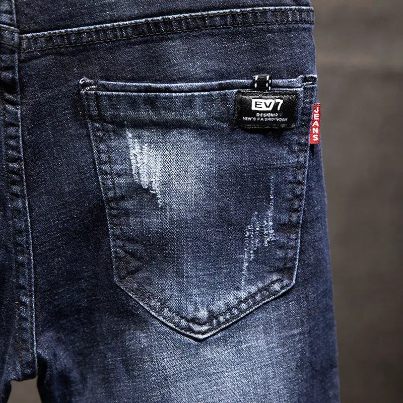 Mens Ripped Slim-Fit Denim Jeans - American Korean Style Cotton Pants - ZOOMNSTORE