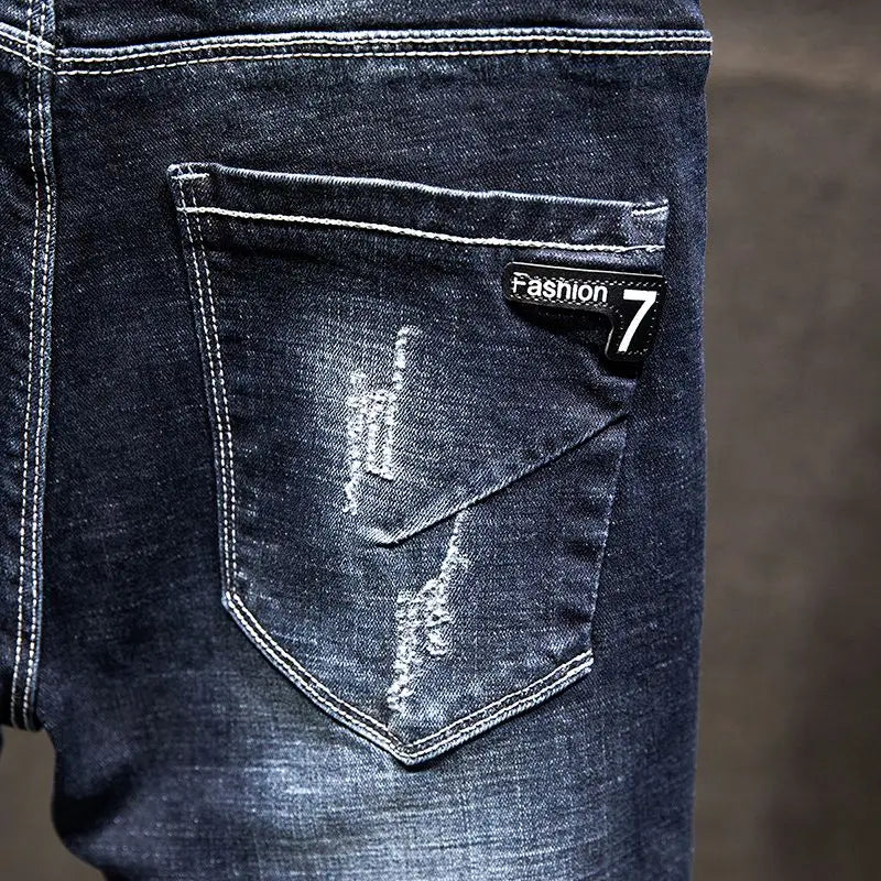 Mens Ripped Slim-Fit Denim Jeans - American Korean Style Cotton Pants - ZOOMNSTORE