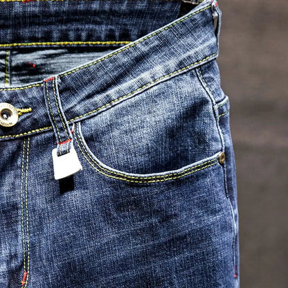 Mens Ripped Slim-Fit Denim Jeans - American Korean Style Cotton Pants - ZOOMNSTORE
