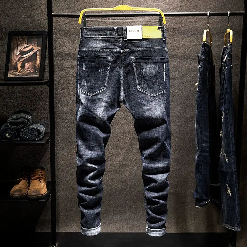 Mens Ripped Slim-Fit Denim Jeans - American Korean Style Cotton Pants - ZOOMNSTORE