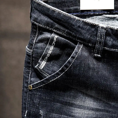 Mens Ripped Slim-Fit Denim Jeans - American Korean Style Cotton Pants - ZOOMNSTORE