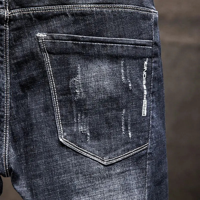 Mens Ripped Slim-Fit Denim Jeans - American Korean Style Cotton Pants - ZOOMNSTORE