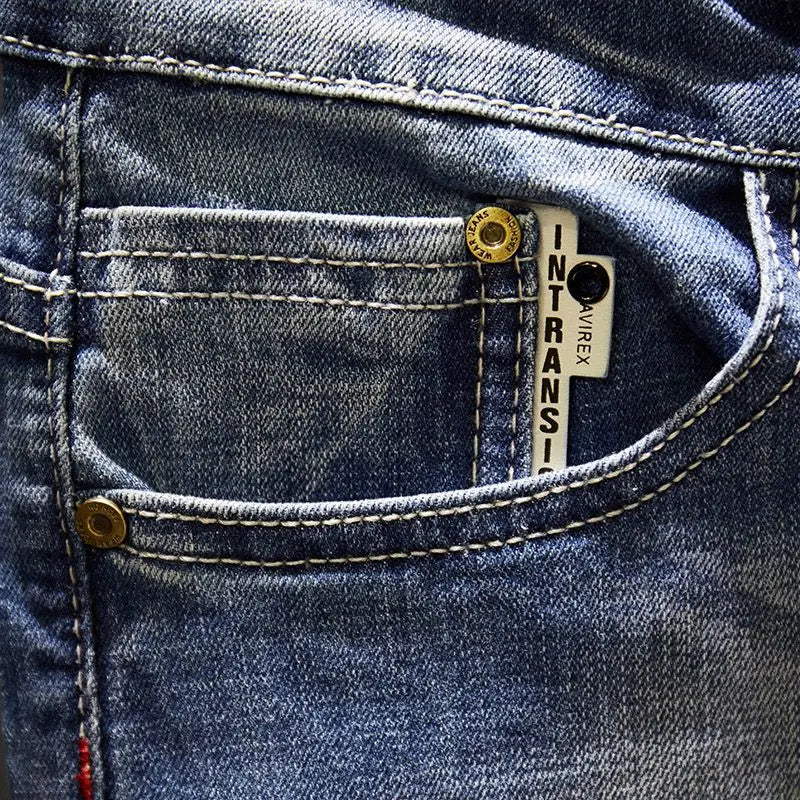 Mens Ripped Slim-Fit Denim Jeans - American Korean Style Cotton Pants - ZOOMNSTORE