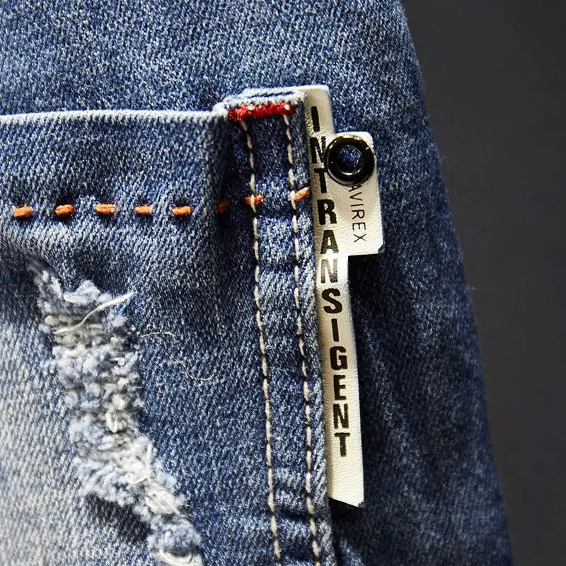 Mens Ripped Slim-Fit Denim Jeans - American Korean Style Cotton Pants - ZOOMNSTORE