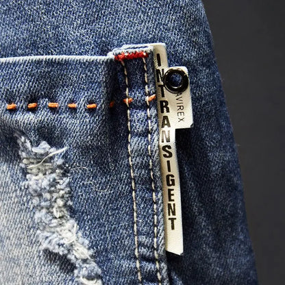 Mens Ripped Slim-Fit Denim Jeans - American Korean Style Cotton Pants - ZOOMNSTORE