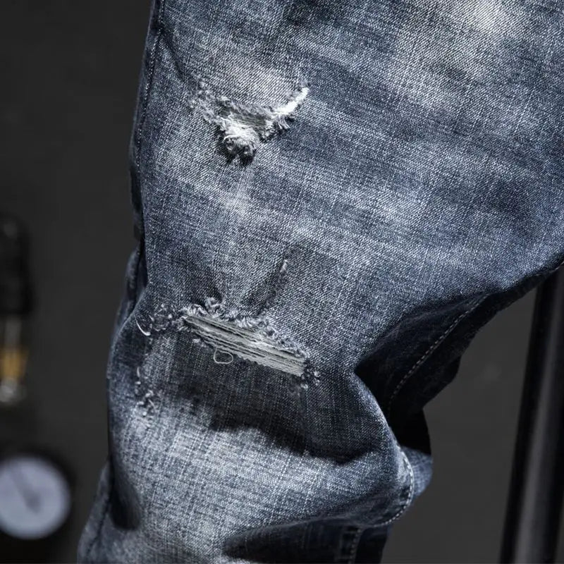 Mens Ripped Slim-Fit Denim Jeans - American Korean Style Cotton Pants - ZOOMNSTORE
