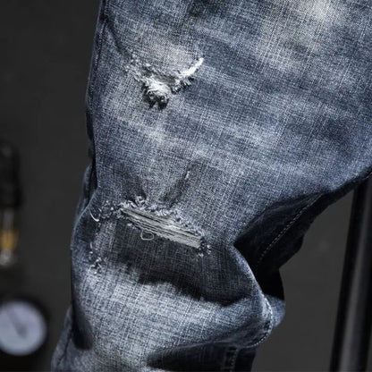 Mens Ripped Slim-Fit Denim Jeans - American Korean Style Cotton Pants - ZOOMNSTORE
