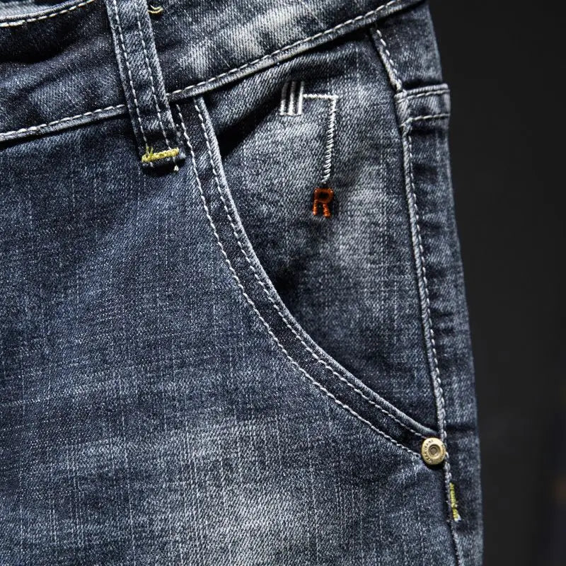 Mens Ripped Slim-Fit Denim Jeans - American Korean Style Cotton Pants - ZOOMNSTORE