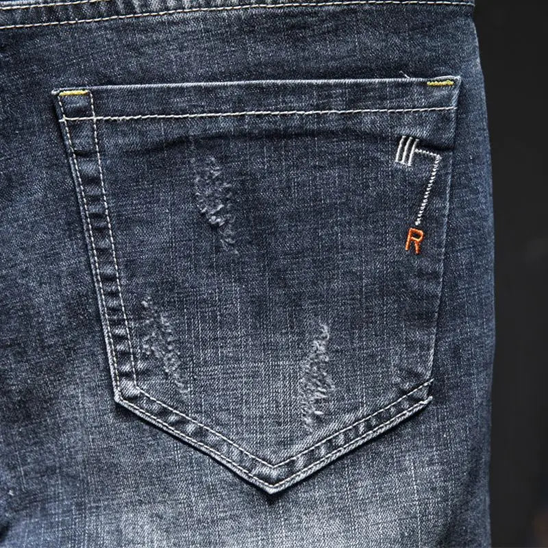 Mens Ripped Slim-Fit Denim Jeans - American Korean Style Cotton Pants - ZOOMNSTORE