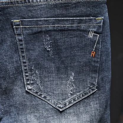 Mens Ripped Slim-Fit Denim Jeans - American Korean Style Cotton Pants - ZOOMNSTORE