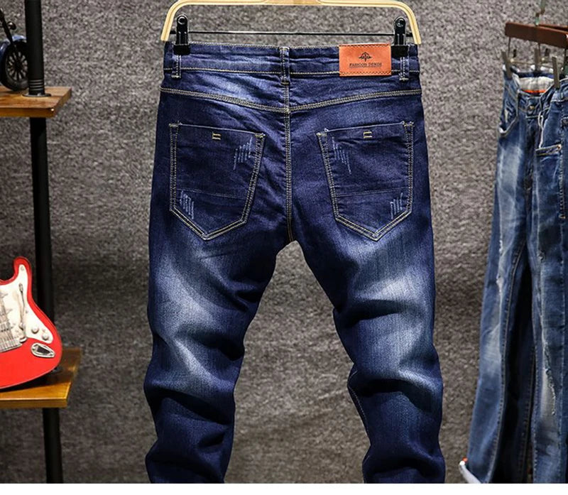 Mens Ripped Slim-Fit Denim Jeans - American Korean Style Cotton Pants - ZOOMNSTORE