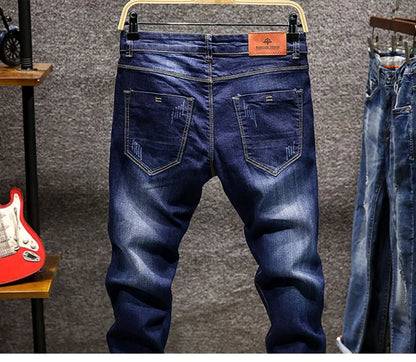 Mens Ripped Slim-Fit Denim Jeans - American Korean Style Cotton Pants - ZOOMNSTORE