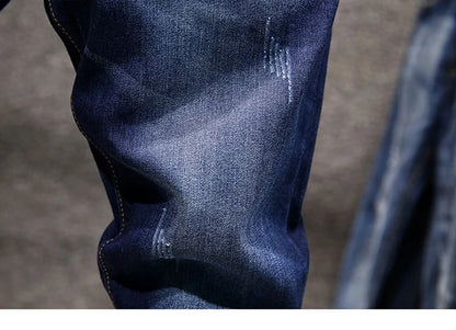 Mens Ripped Slim-Fit Denim Jeans - American Korean Style Cotton Pants - ZOOMNSTORE
