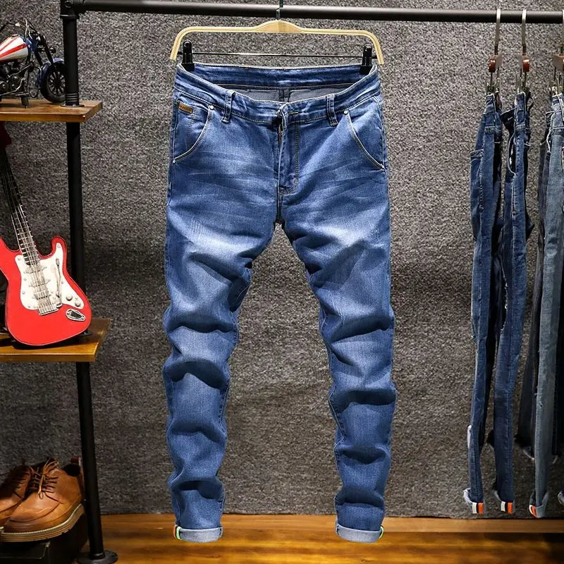 Mens Ripped Slim-Fit Denim Jeans - American Korean Style Cotton Pants - ZOOMNSTORE