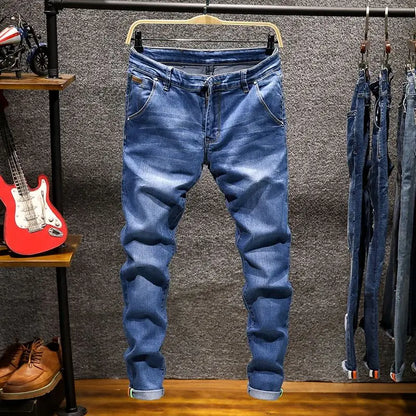 Mens Ripped Slim-Fit Denim Jeans - American Korean Style Cotton Pants - ZOOMNSTORE