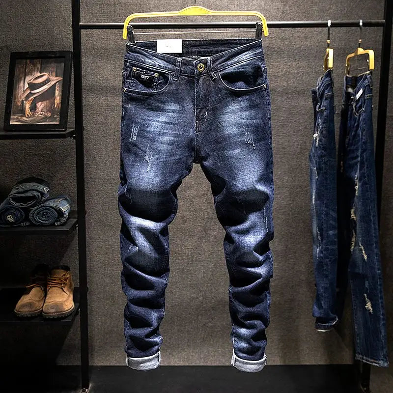 Mens Ripped Slim-Fit Denim Jeans - American Korean Style Cotton Pants - ZOOMNSTORE