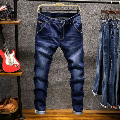 Mens Ripped Slim-Fit Denim Jeans - American Korean Style Cotton Pants - ZOOMNSTORE