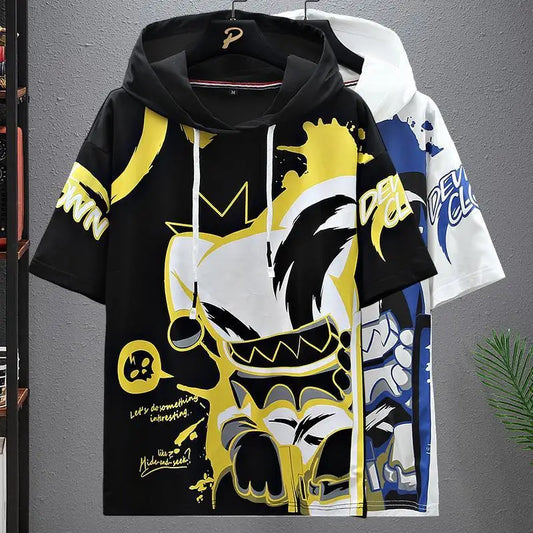 Mens Short Sleeve Hoodie - Japan Fashion Streetwear Harajuku Print - ZOOMNSTORE