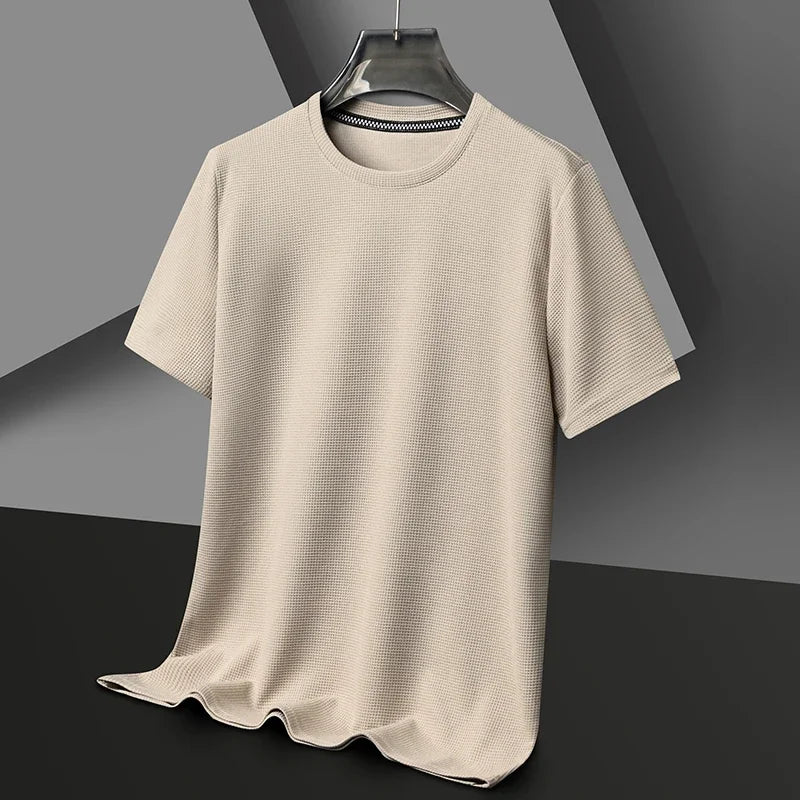 Mens Short Sleeve Polo Shirt - Cotton Waffle Splicing Top - ZOOMNSTORE