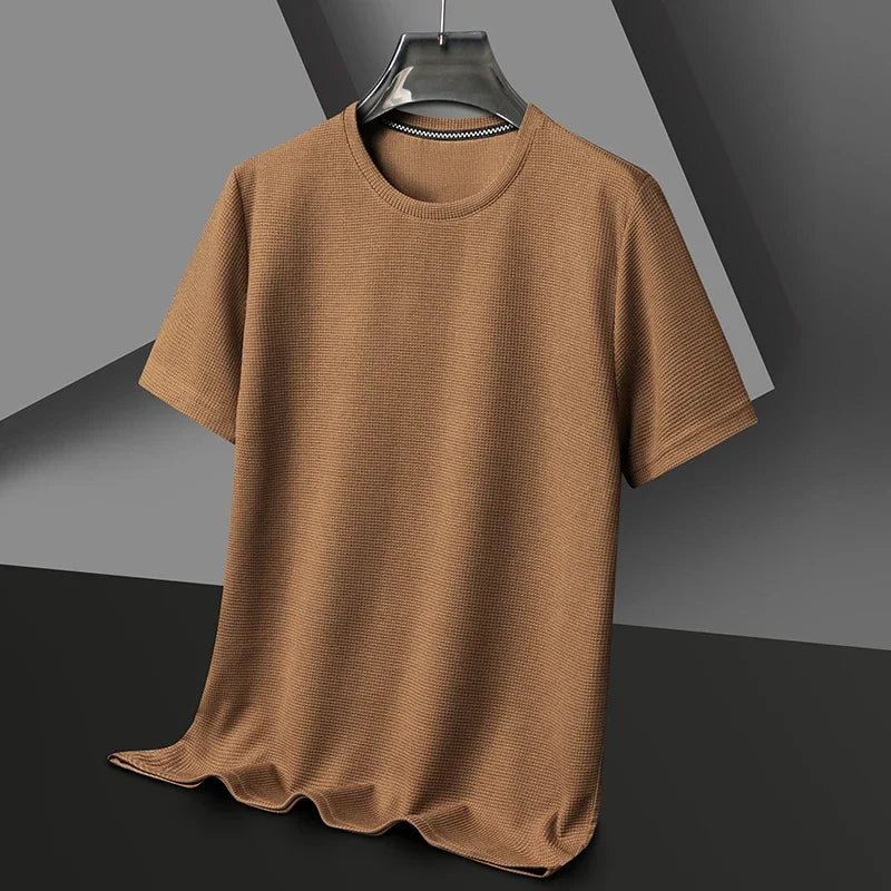 Mens Short Sleeve Polo Shirt - Cotton Waffle Splicing Top - ZOOMNSTORE