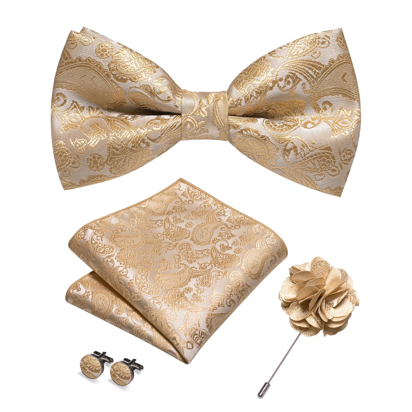 Champagne Silk Jacquard Paisley Bow Tie Set - Pre-tied Bowtie Brooch Hanky  Cufflinks for Weddings  Business - ZOOMNSTORE