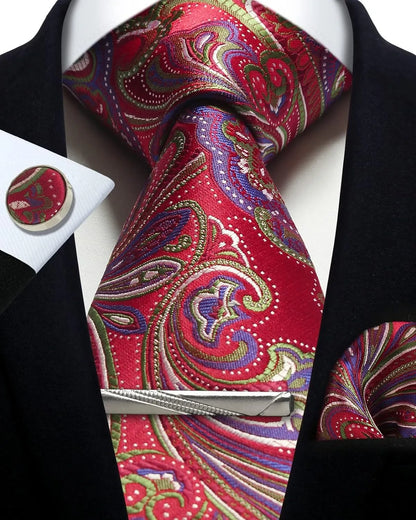 Mens Silk Tie Set - Silver Paisley Necktie with Pocket Square  Cufflinks for Formal Events - ZOOMNSTORE