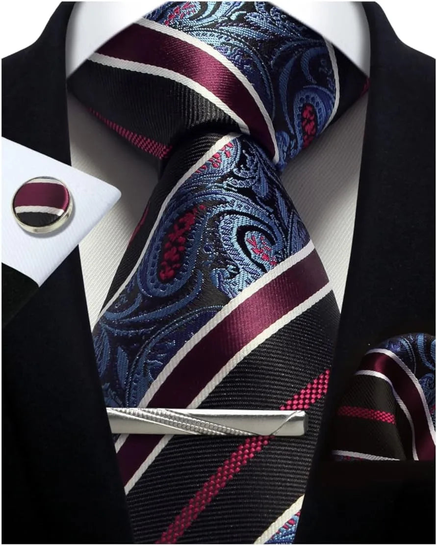 Mens Silk Tie Set - Silver Paisley Necktie with Pocket Square  Cufflinks for Formal Events - ZOOMNSTORE
