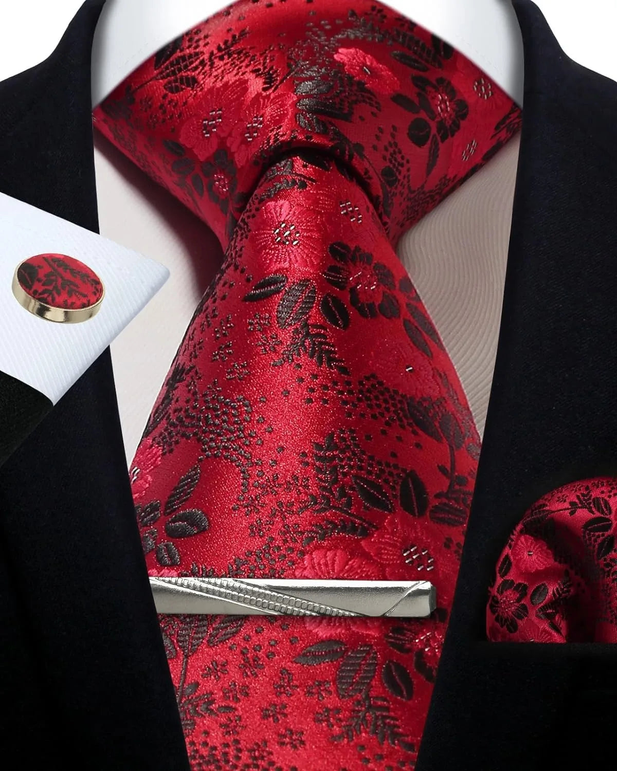 Mens Silk Tie Set - Silver Paisley Necktie with Pocket Square  Cufflinks for Formal Events - ZOOMNSTORE