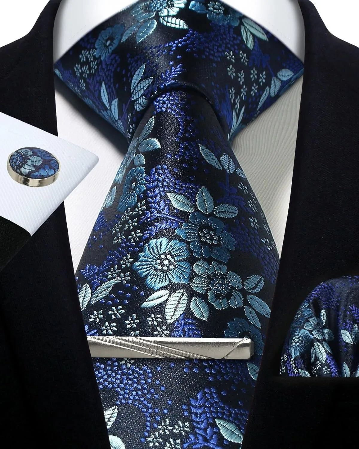 Mens Silk Tie Set - Silver Paisley Necktie with Pocket Square  Cufflinks for Formal Events - ZOOMNSTORE