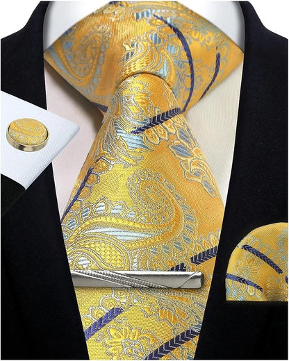 Mens Silk Tie Set - Silver Paisley Necktie with Pocket Square  Cufflinks for Formal Events - ZOOMNSTORE