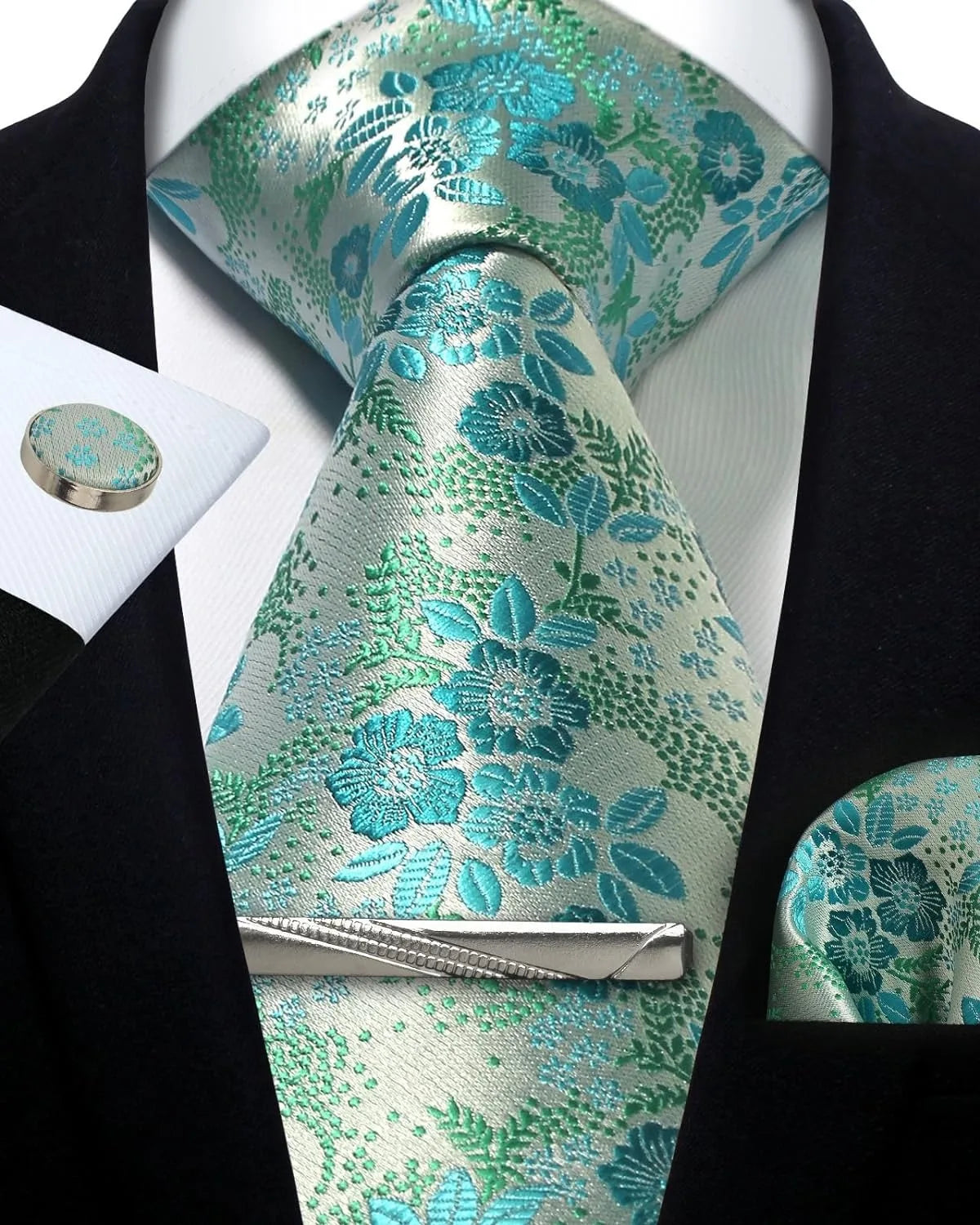 Mens Silk Tie Set - Silver Paisley Necktie with Pocket Square  Cufflinks for Formal Events - ZOOMNSTORE