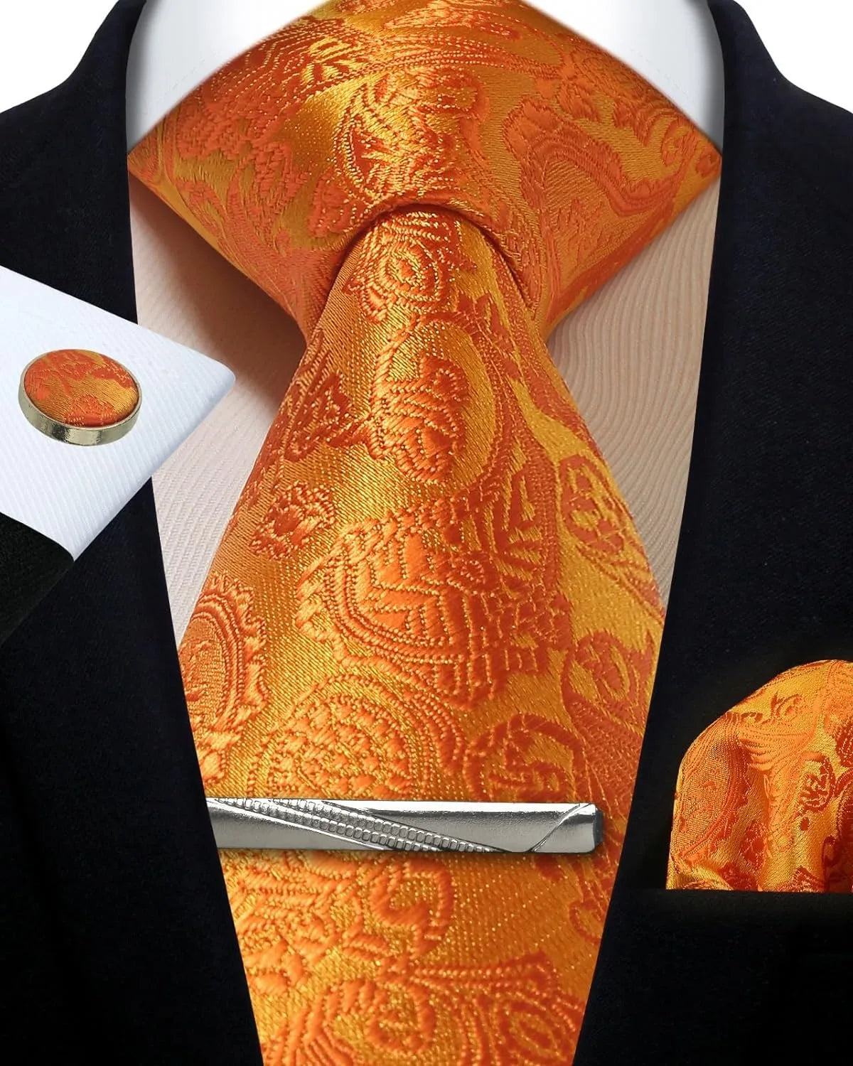 Mens Silk Tie Set - Silver Paisley Necktie with Pocket Square  Cufflinks for Formal Events - ZOOMNSTORE